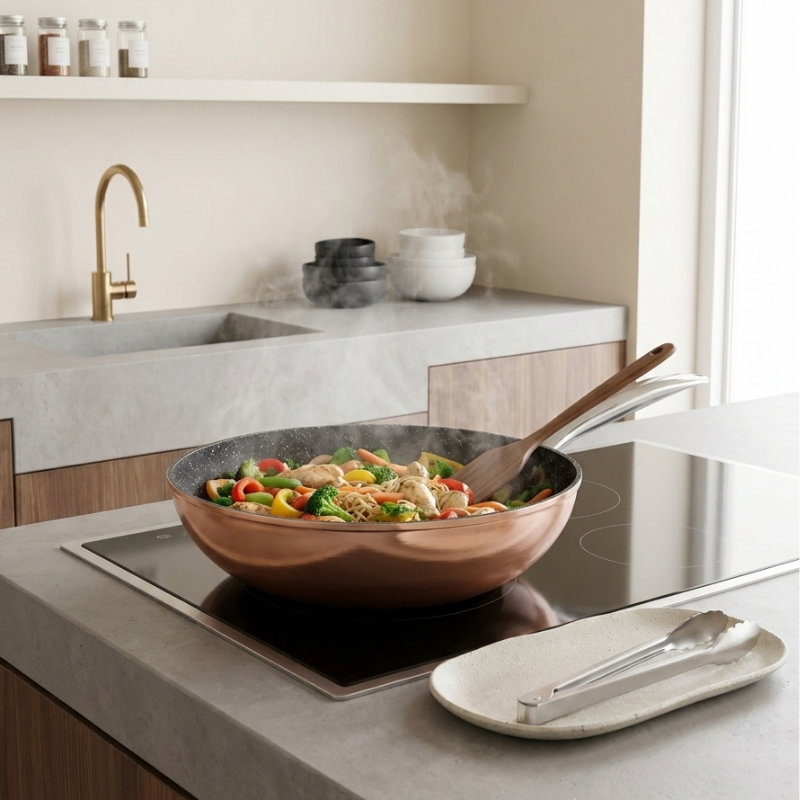 Wok professionnel Monska en acier avec poignée ergonomique