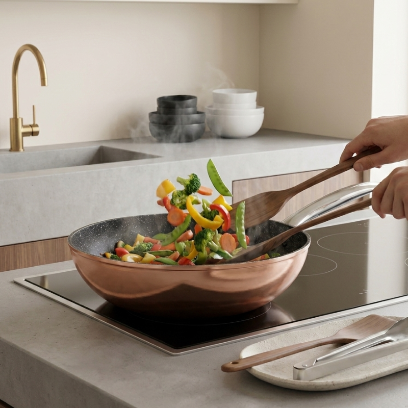 Wok professionnel Monska en acier avec poignée ergonomique