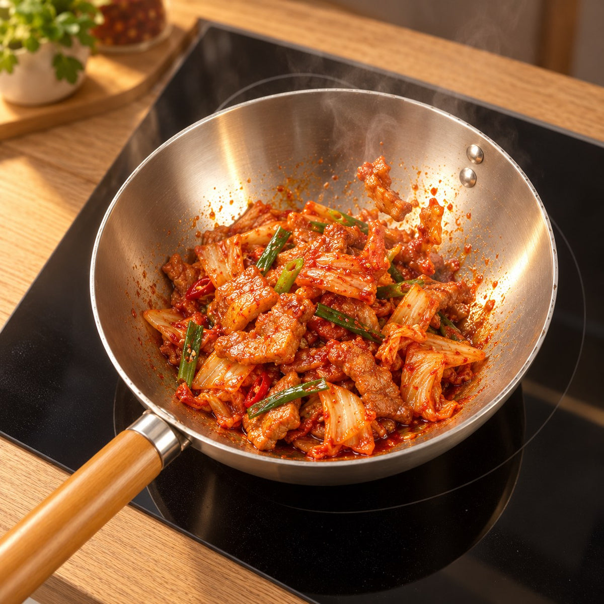 Le wok 20 cm en cuisson Image