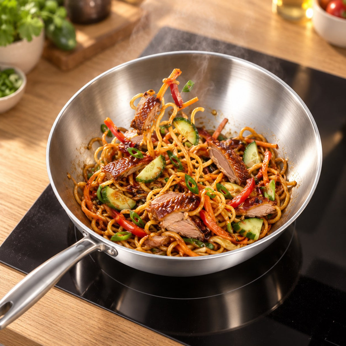 Le wok acier en cuisson Image