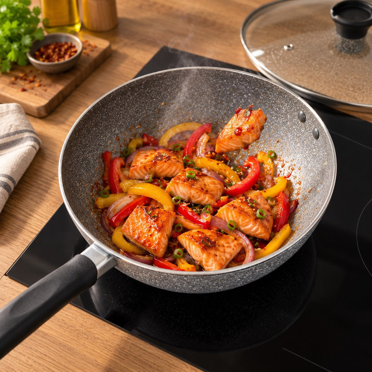 Le wok antiadhésif gris en cuisson Image