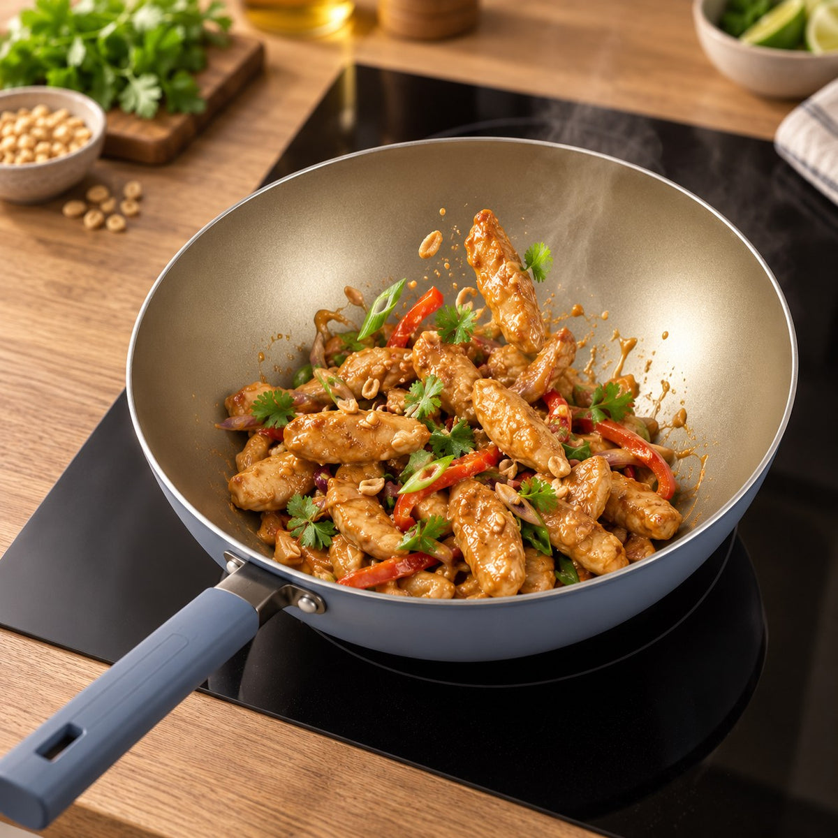 Le wok avec couvercle en cuisson Image