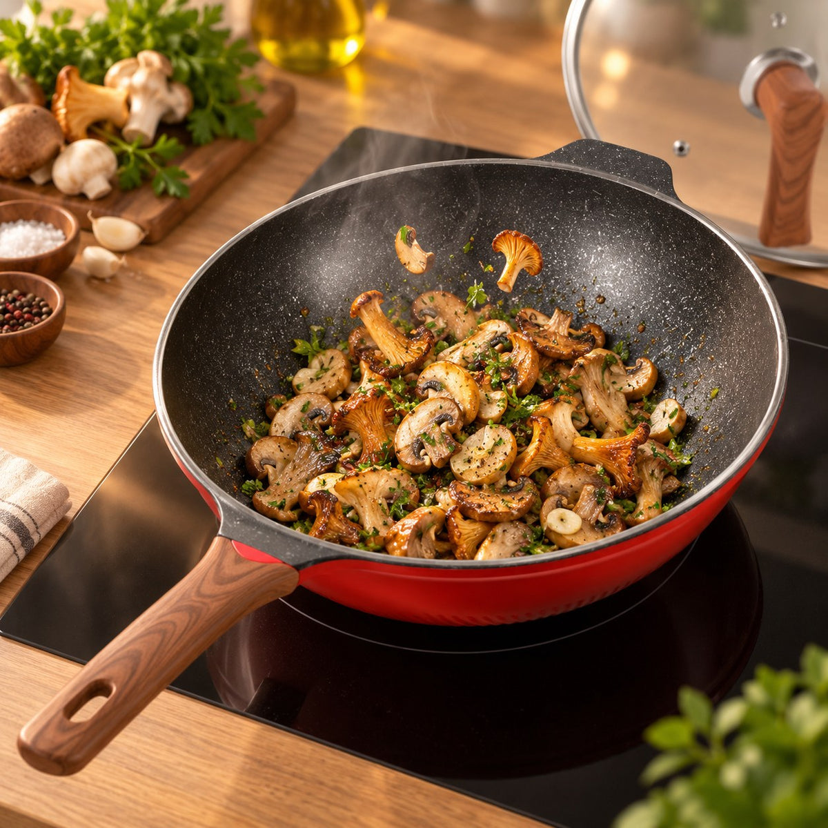 Le wok design rouge en cuisson Image