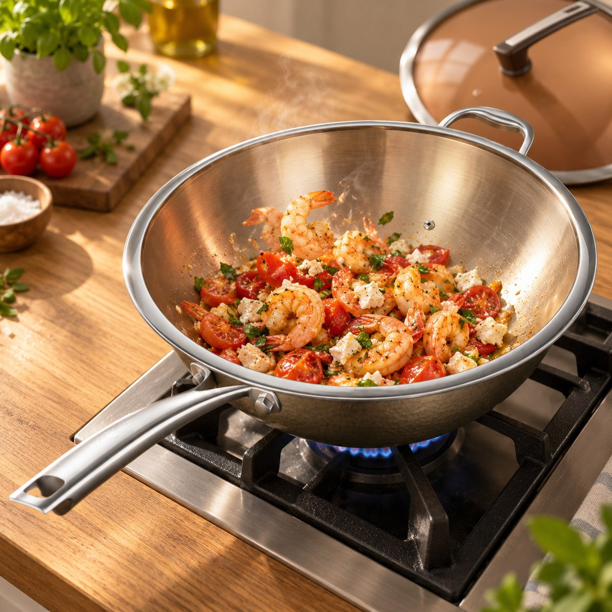 Le wok inox haut de gamme en cuisson Image
