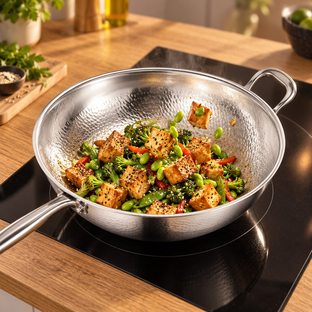 Le wok inox martelé en cuisson Image