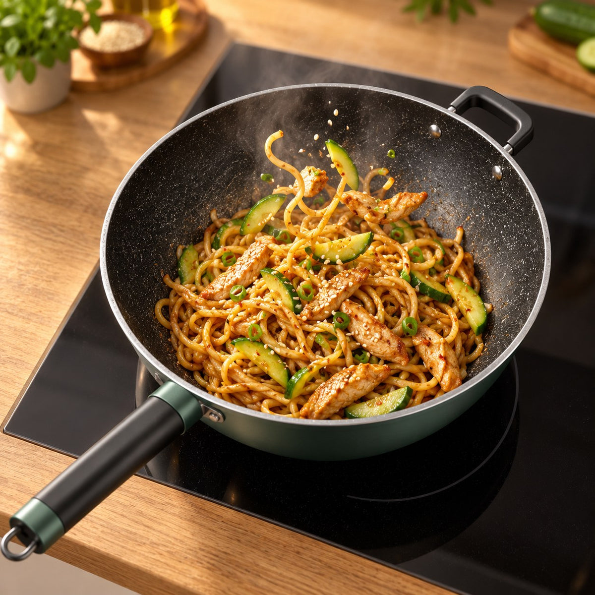 Le wok vert foncé en cuisson Image