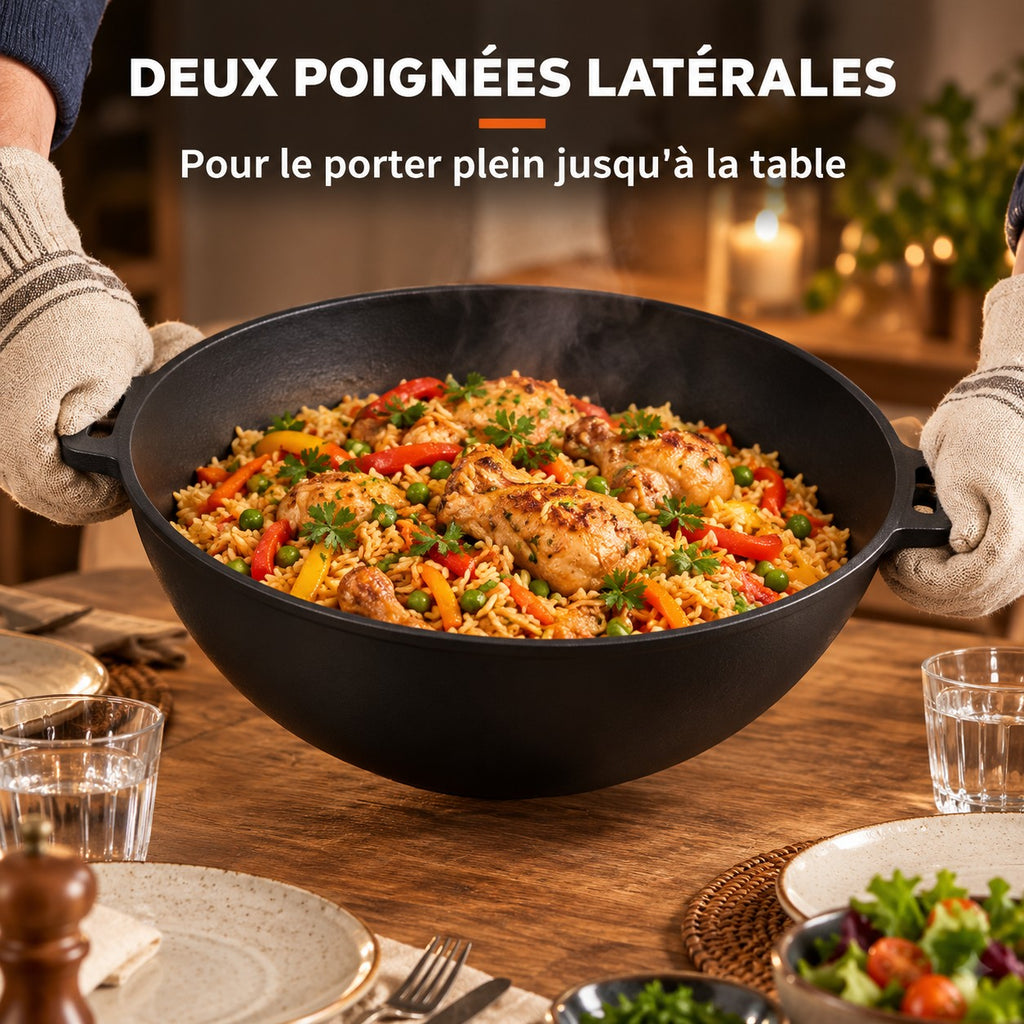 Le Manaka Wok avec Couvercle, DEUX POIGNÉES LATÉRALES : Pour le porter plein jusqu'à la table
