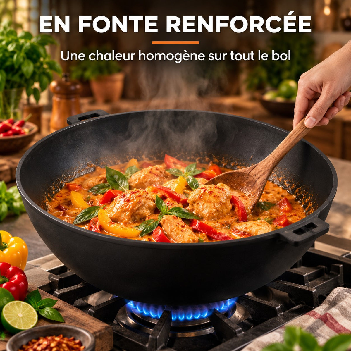 Le Manaka Wok avec Couvercle, EN FONTE RENFORCÉE : Une chaleur homogène sur tout le bol