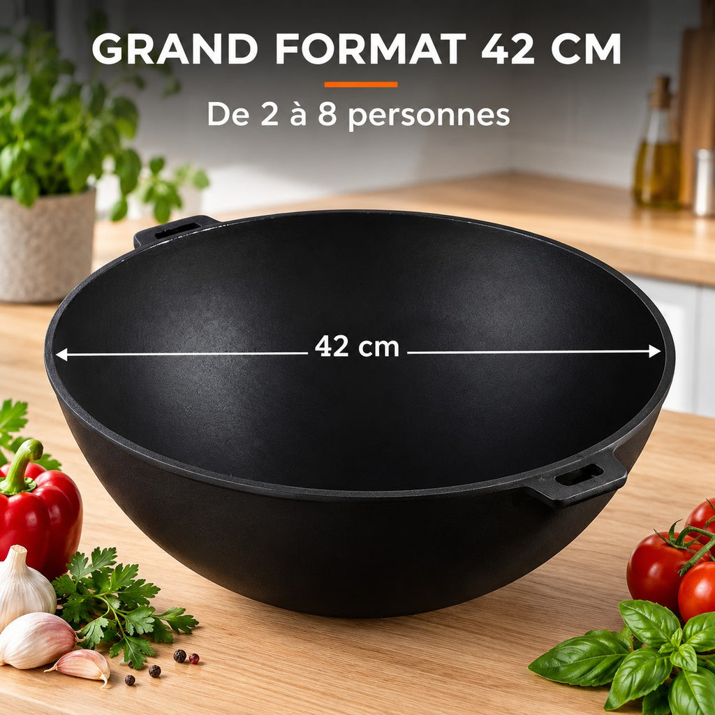 Le Manaka Wok avec Couvercle, GRAND FORMAT 42 CM : De 2 à 8 personnes