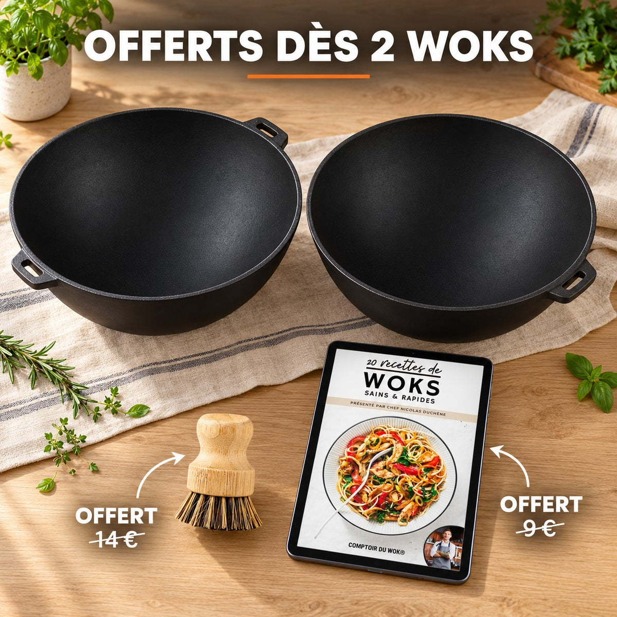 Le Manaka Wok avec Couvercle, OFFERTS DÈS 2 WOKS · OFFERT · 14 € · OFFERT · 9 €