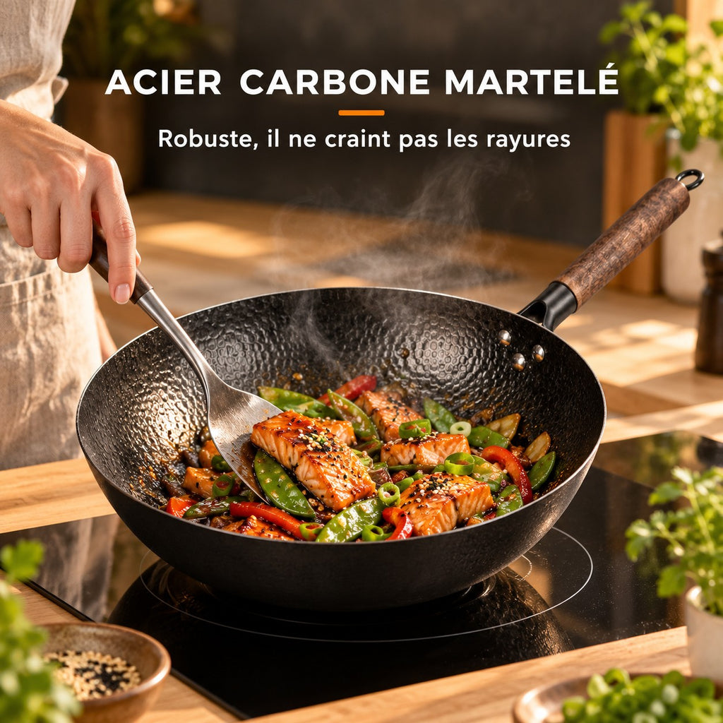 Le Zao Wok Traditionnel, ACIER CARBONE MARTELÉ : Robuste, il ne craint pas les rayures