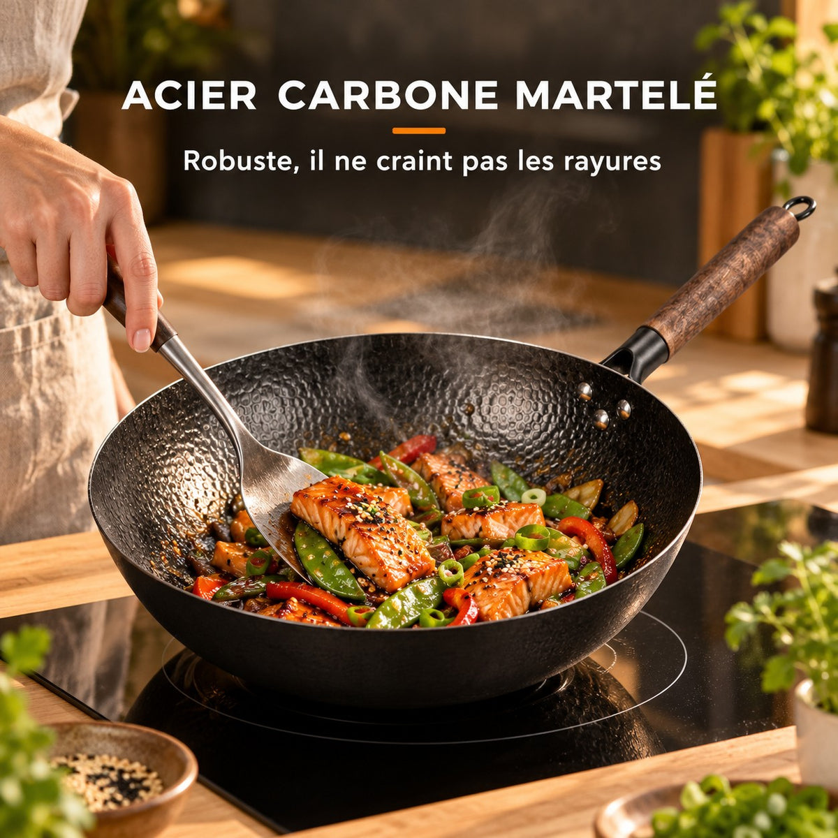 Le Zao Wok Traditionnel, ACIER CARBONE MARTELÉ : Robuste, il ne craint pas les rayures
