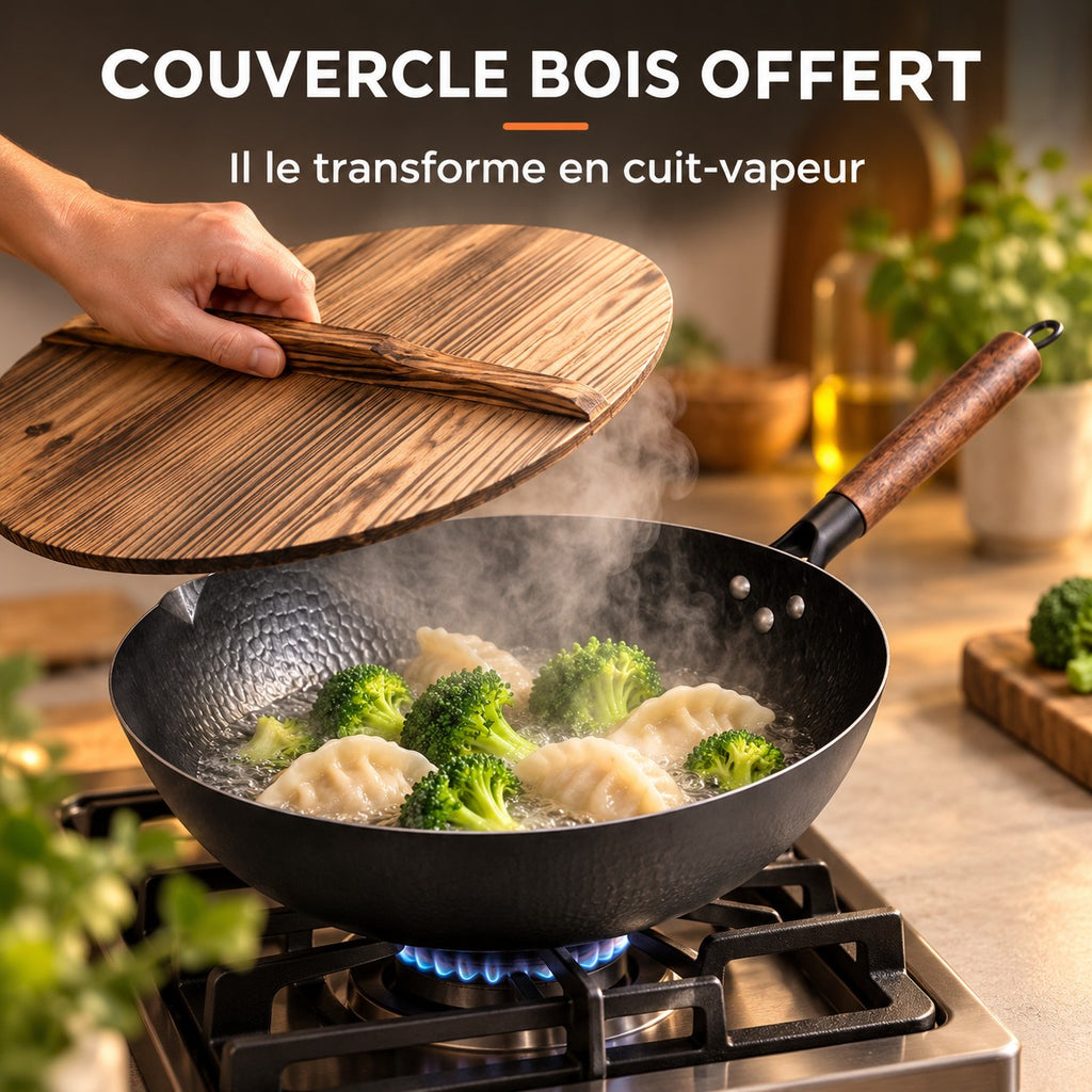 Le Zao Wok Traditionnel, COUVERCLE BOIS OFFERT : Il le transforme en cuit-vapeur