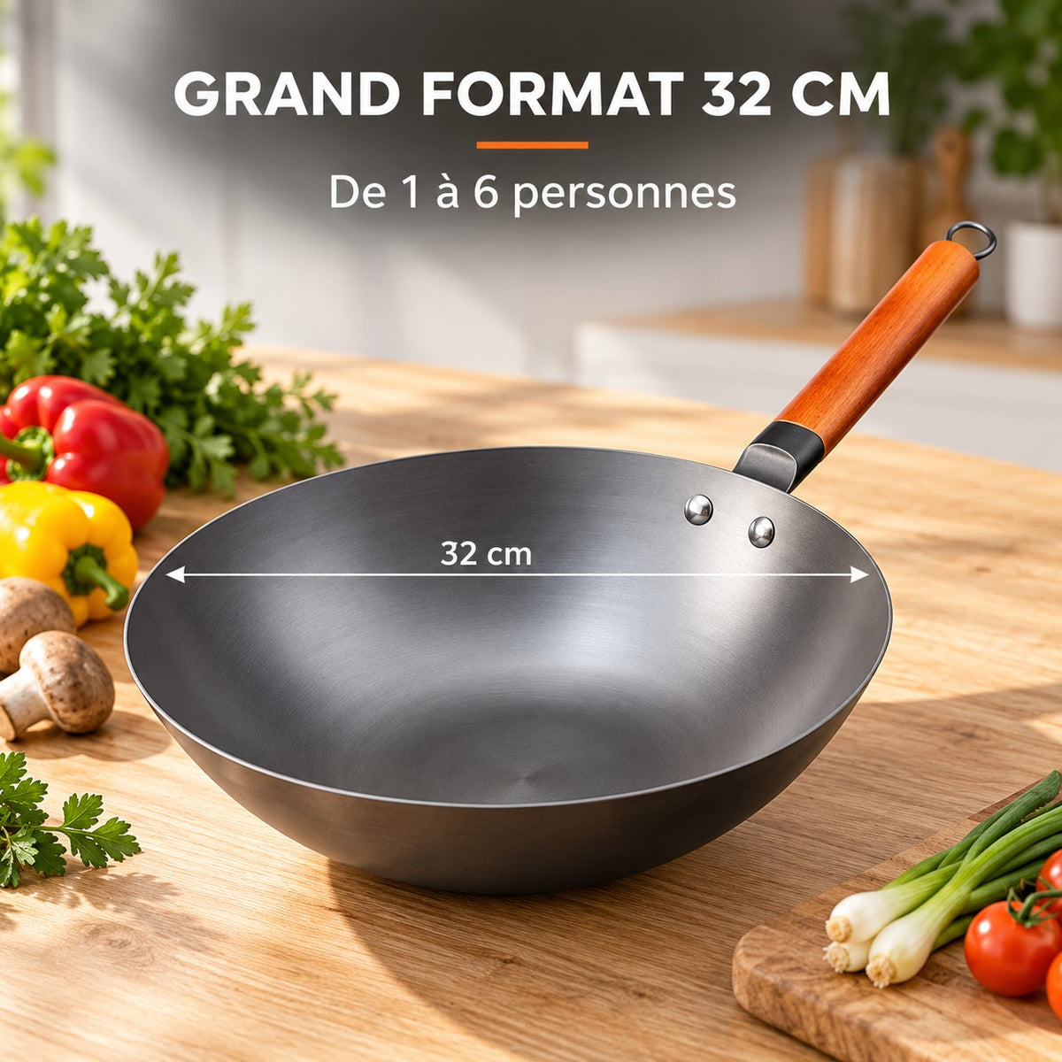 Le Oniri - Wok en Acier Carbone 32 cm Tous Feux, GRAND FORMAT 32 CM : De 1 à 6 personnes