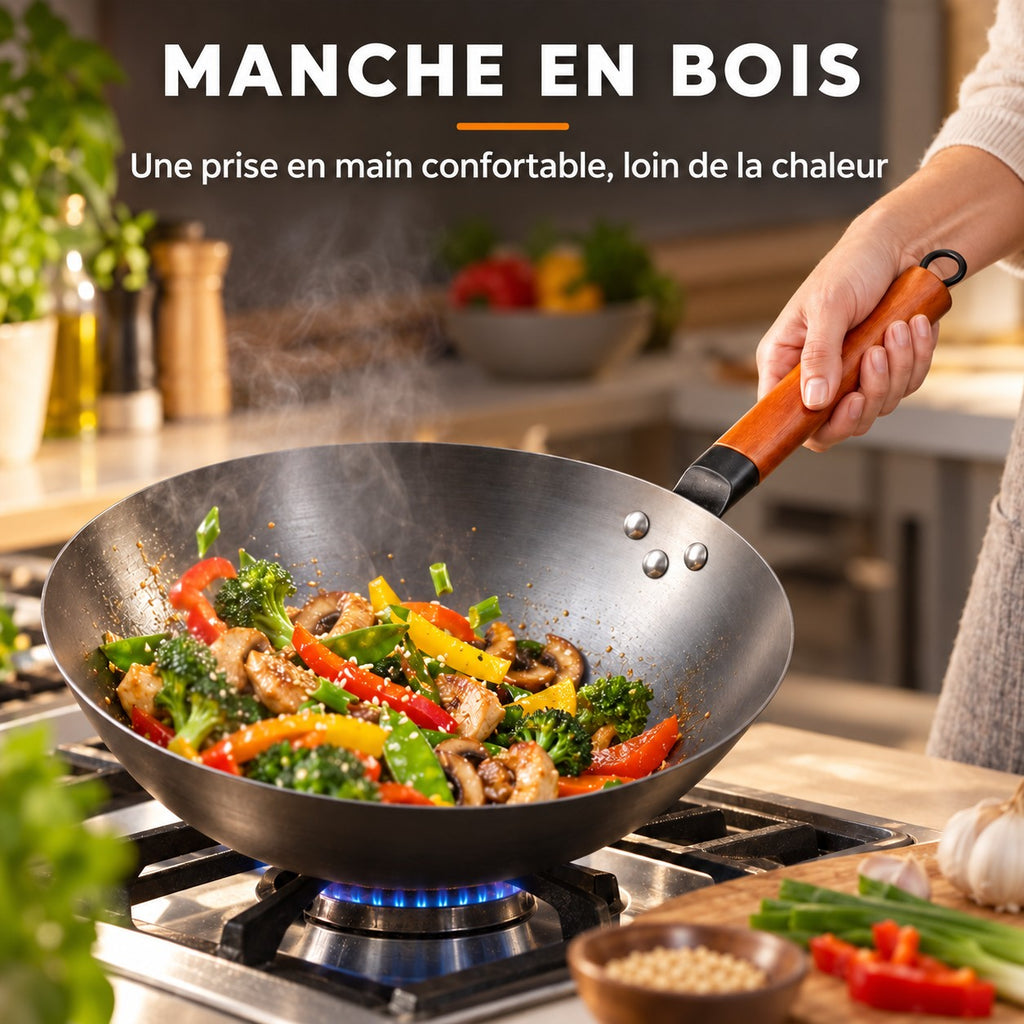 Le Oniri - Wok en Acier Carbone 32 cm Tous Feux, MANCHE EN BOIS : Une prise en main confortable, loin de la chaleur