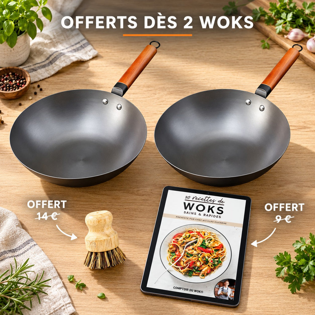 Le Oniri - Wok en Acier Carbone 32 cm Tous Feux, OFFERTS DÈS 2 WOKS · OFFERT · 14 € · OFFERT · 9 €