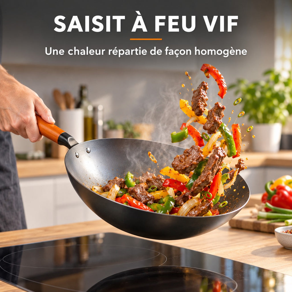 Le Oniri - Wok en Acier Carbone 32 cm Tous Feux, SAISIT À FEU VIF : Une chaleur répartie de façon homogène