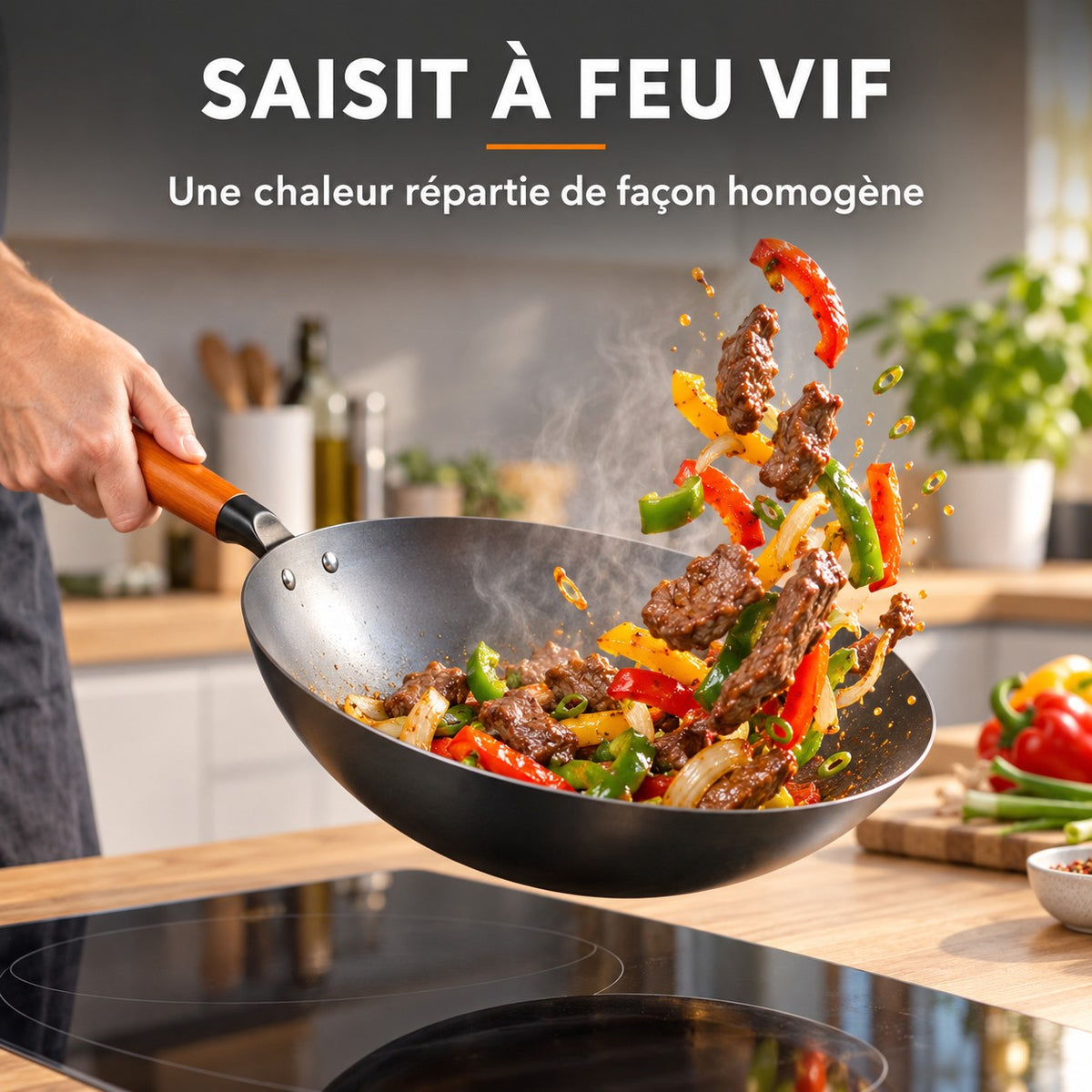 Le Oniri - Wok en Acier Carbone 32 cm Tous Feux, SAISIT À FEU VIF : Une chaleur répartie de façon homogène