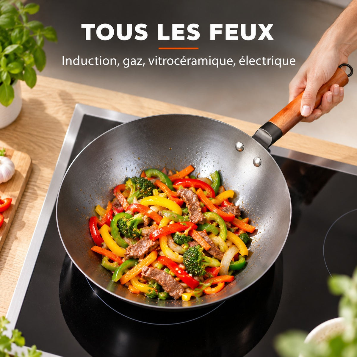 Le Oniri - Wok en Acier Carbone 32 cm Tous Feux, TOUS LES FEUX : Induction, gaz, vitrocéramique, électrique
