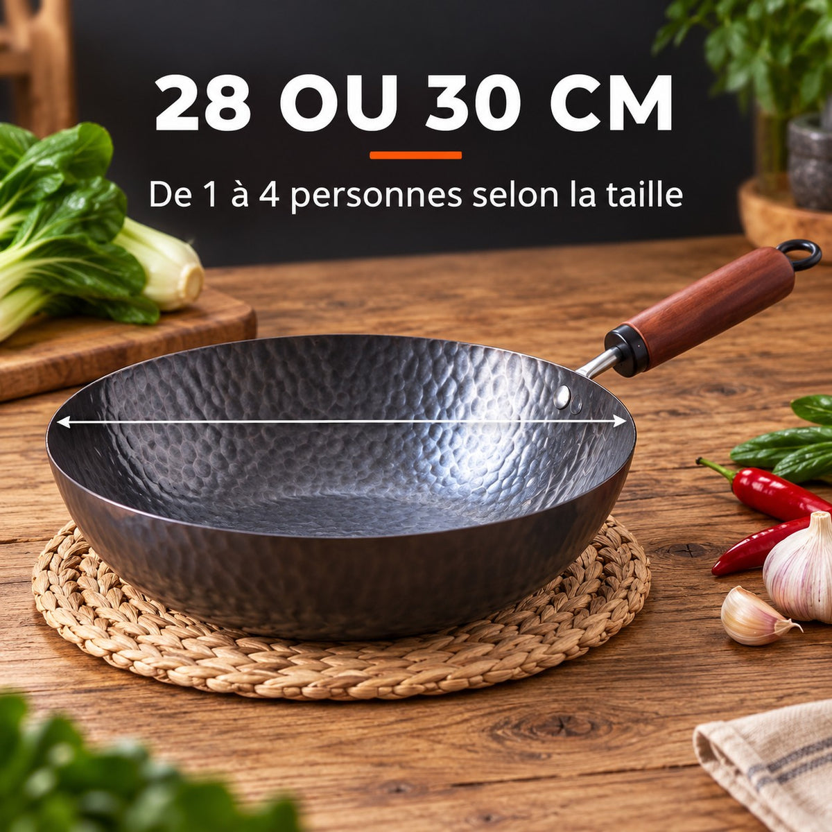 Le Pekaji Wok Acier au Carbone à Fond Plat, 28 OU 30 CM : De 1 à 4 personnes selon la taille
