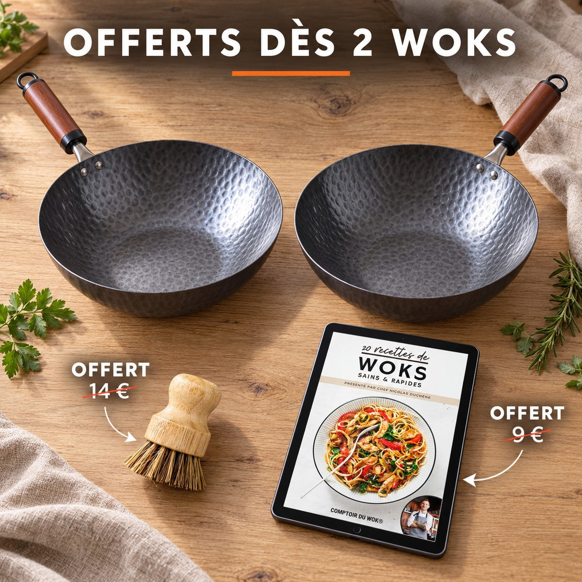Le Pekaji Wok Acier au Carbone à Fond Plat, OFFERTS DÈS 2 WOKS · OFFERT · 14 € · OFFERT · 9 €