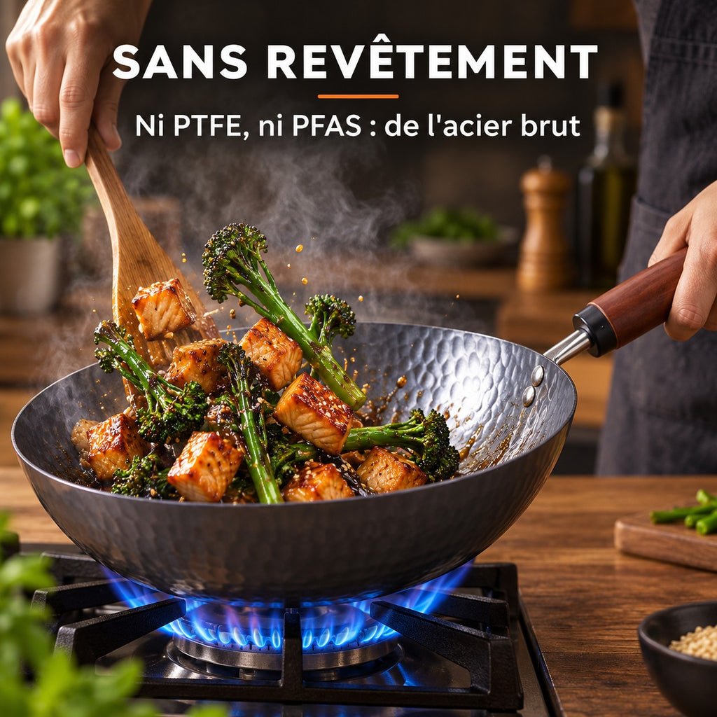 Le Pekaji Wok Acier au Carbone à Fond Plat, SANS REVÊTEMENT : Ni PTFE, ni PFAS : de l'acier brut