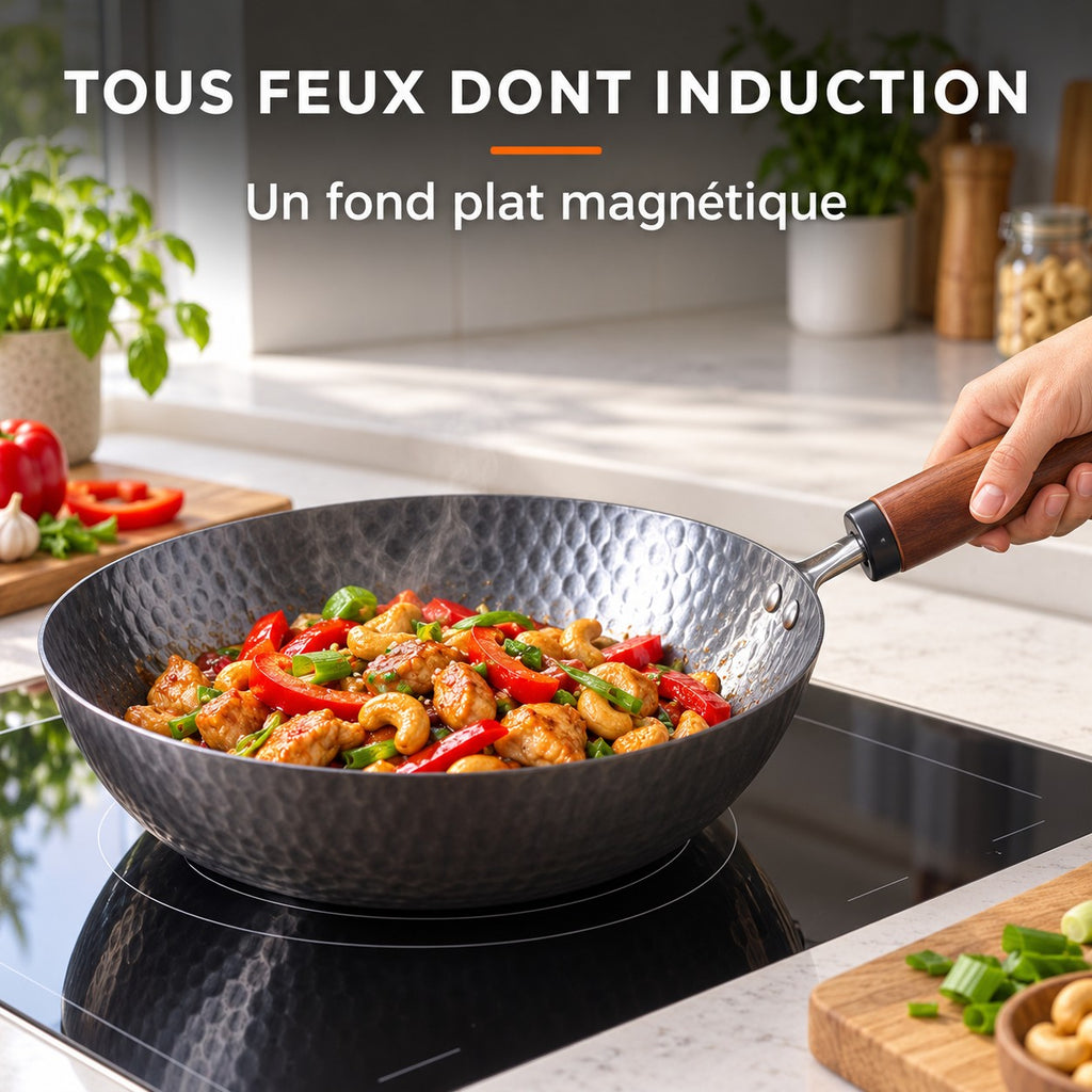 Le Pekaji Wok Acier au Carbone à Fond Plat, TOUS FEUX DONT INDUCTION : Un fond plat magnétique