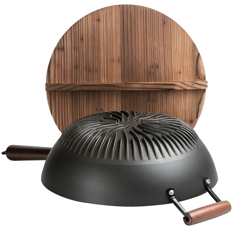 Le Rausu Wok en Fonte avec couvercle en bois et manche en bois