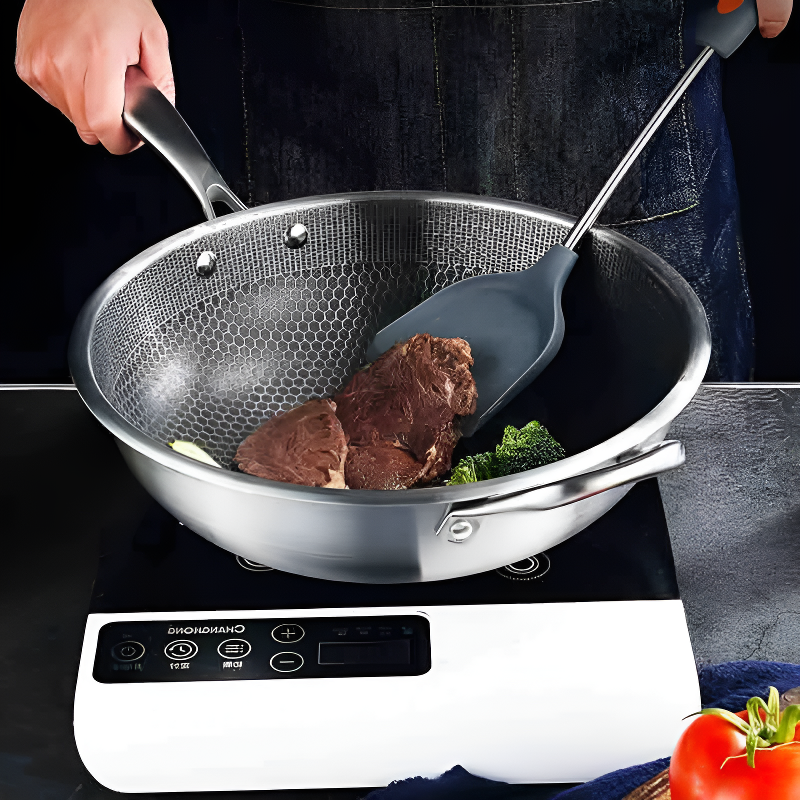 Kitaka stainless steel honeycomb wok with long handle for induction cooking