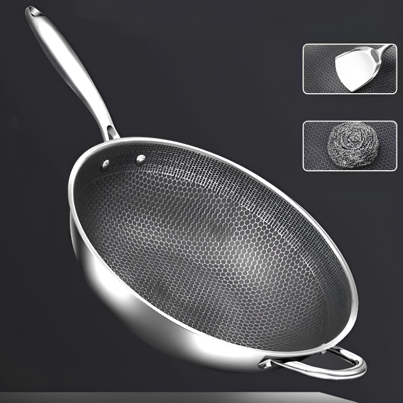 Kitaka stainless steel honeycomb wok with long handle for induction cooking