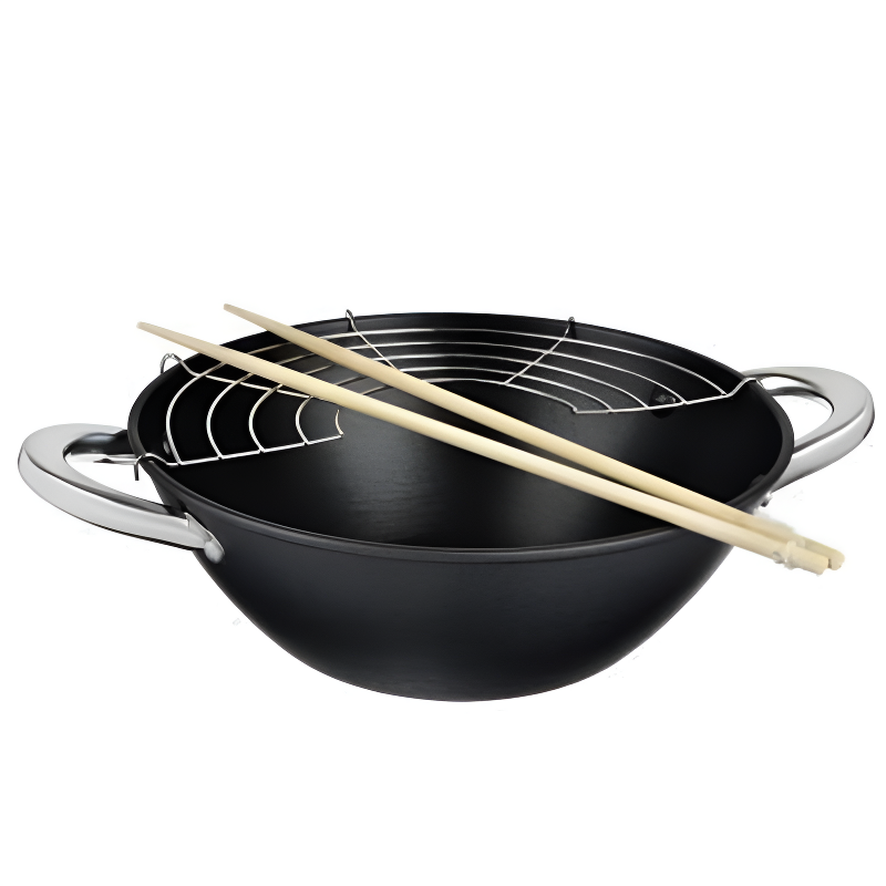 Le Nantai Poêle Wok Sans Manche en acier noir avec deux anses et grille incluse