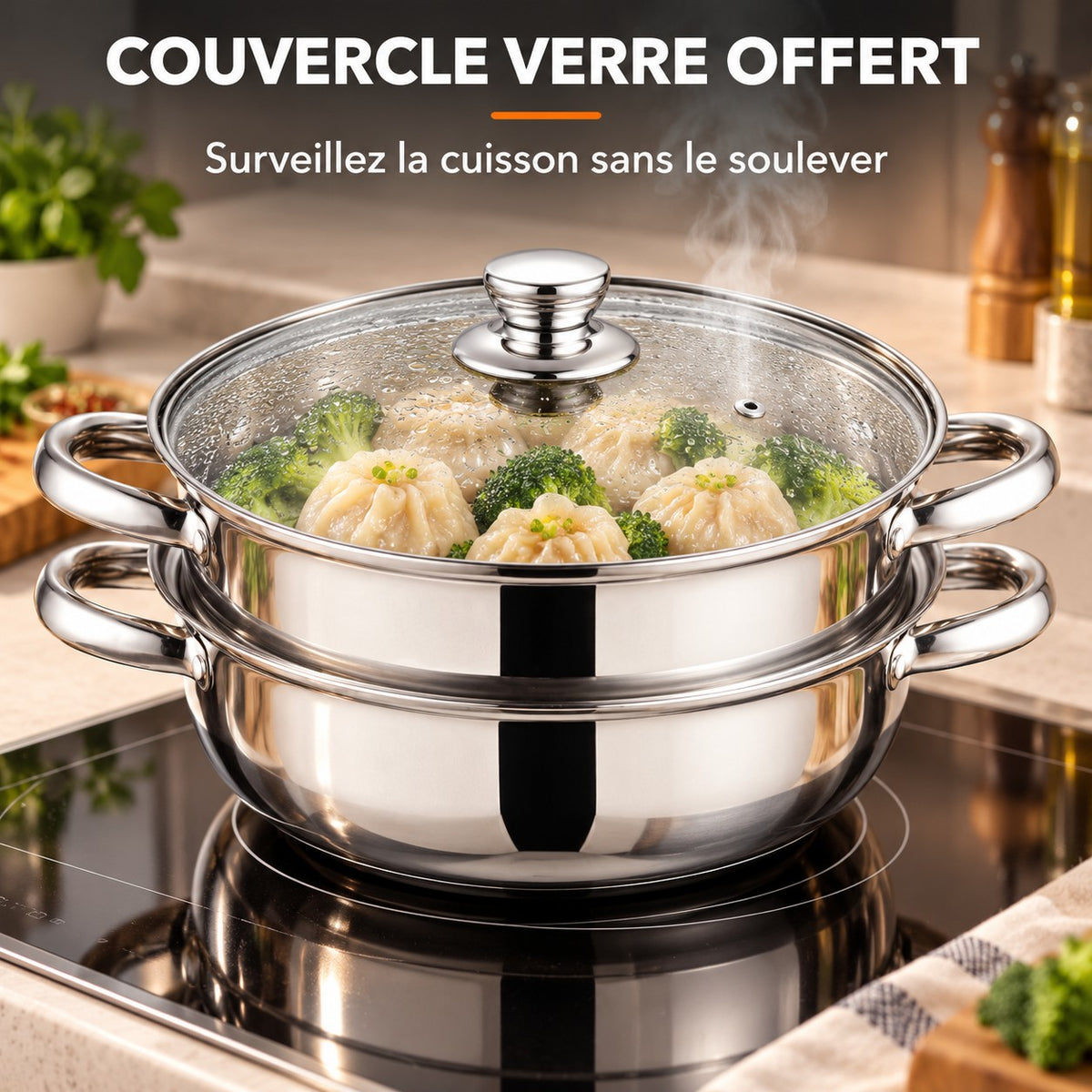 Set wok cuiseur vapeur, COUVERCLE VERRE OFFERT : Surveillez la cuisson sans le soulever