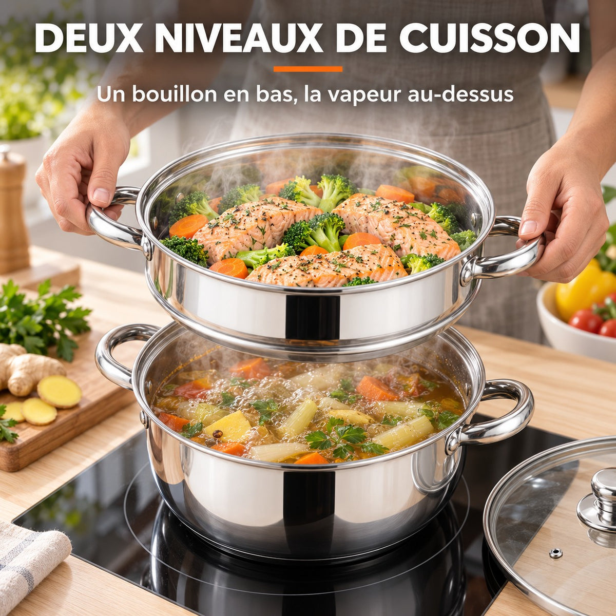 Set wok cuiseur vapeur, DEUX NIVEAUX DE CUISSON : Un bouillon en bas, la vapeur au-dessus