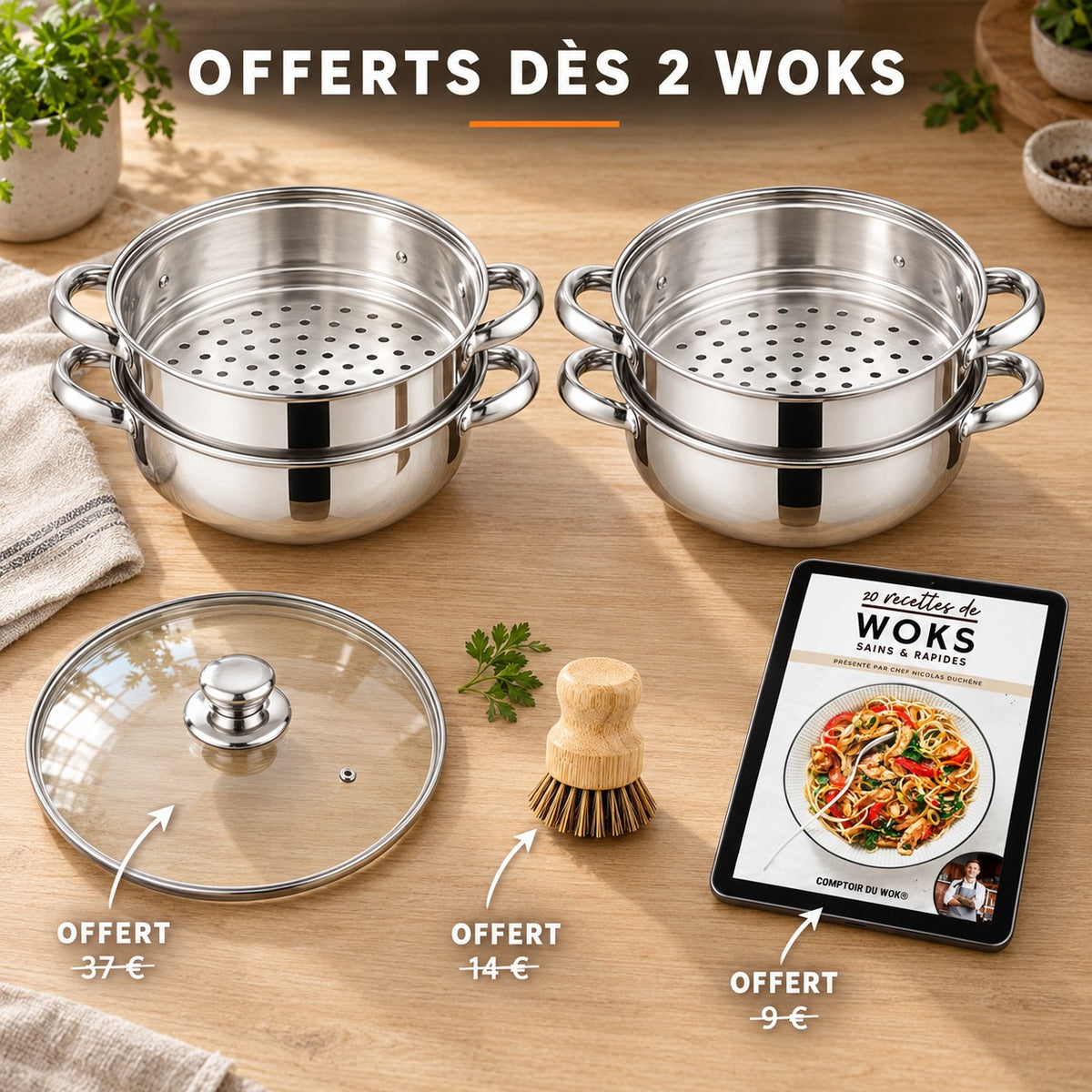 Set wok cuiseur vapeur, OFFERTS DÈS 2 WOKS · OFFERT · 37 € · OFFERT · 14 € · OFFERT · 9 €