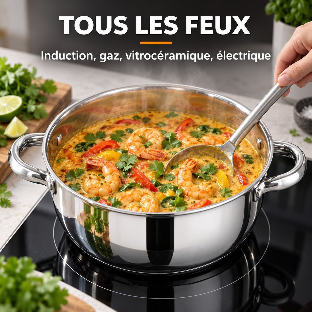 Set wok cuiseur vapeur, TOUS LES FEUX : Induction, gaz, vitrocéramique, électrique