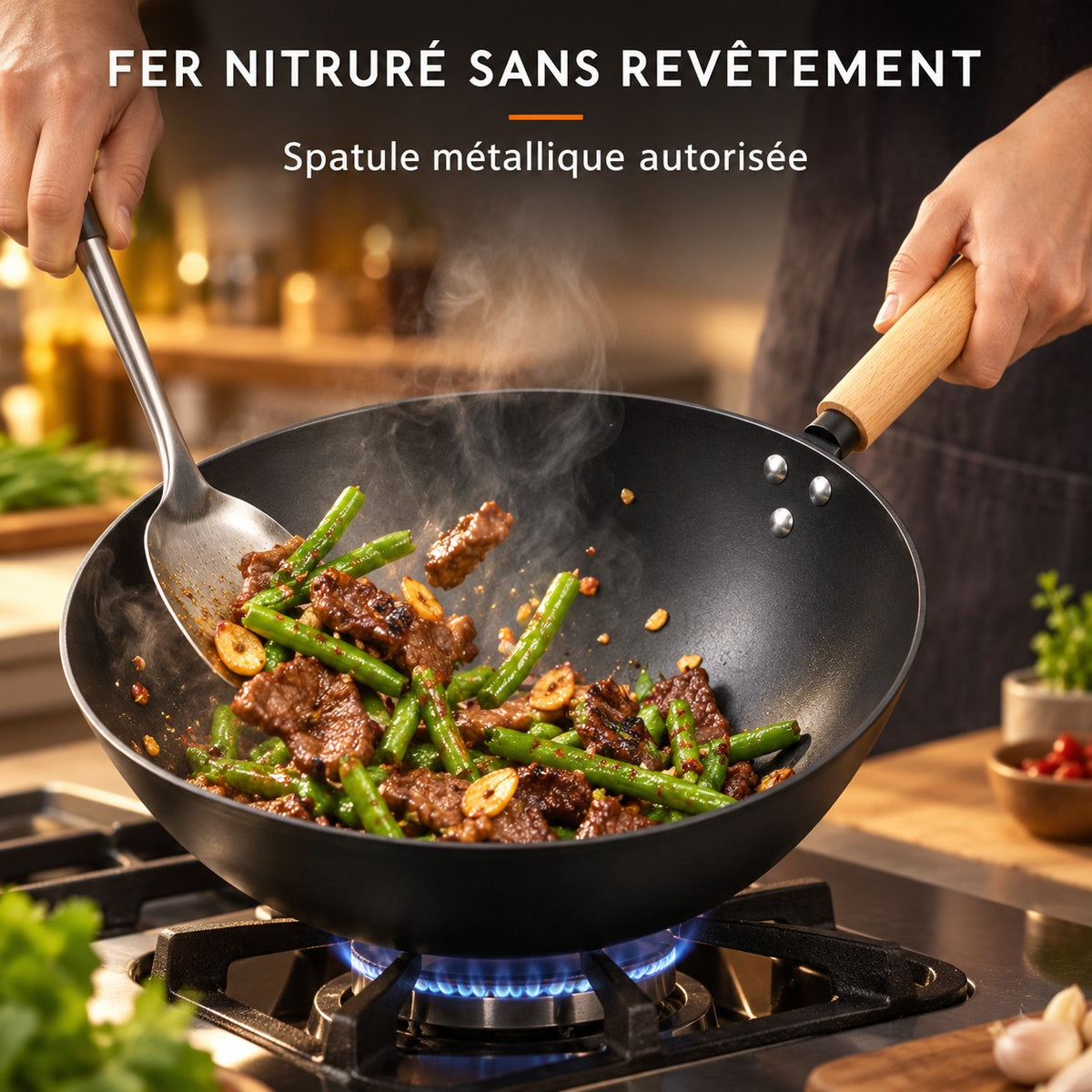 Set wok japonais 3 pièces, FER NITRURÉ SANS REVÊTEMENT : Spatule métallique autorisée
