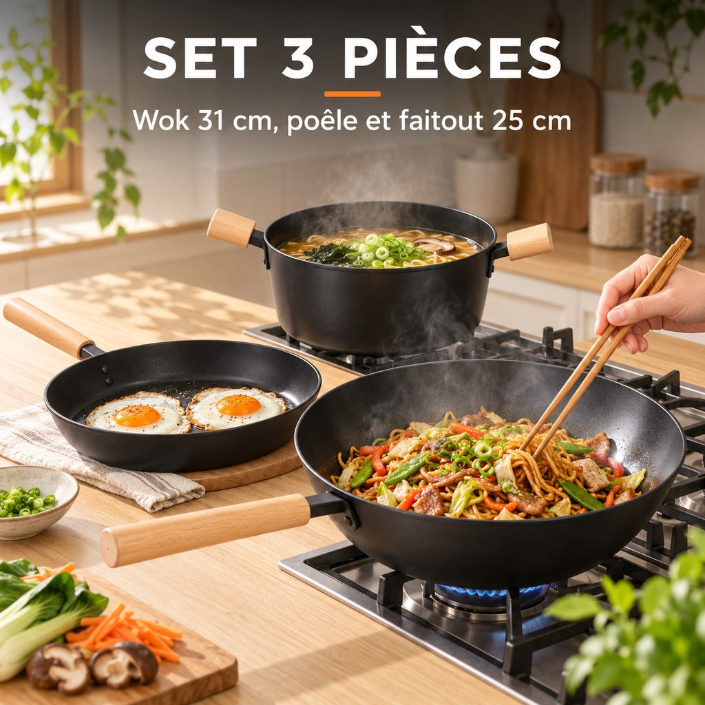 Set wok japonais 3 pièces, SET 3 PIÈCES : Wok 31 cm, poêle et faitout 25 cm