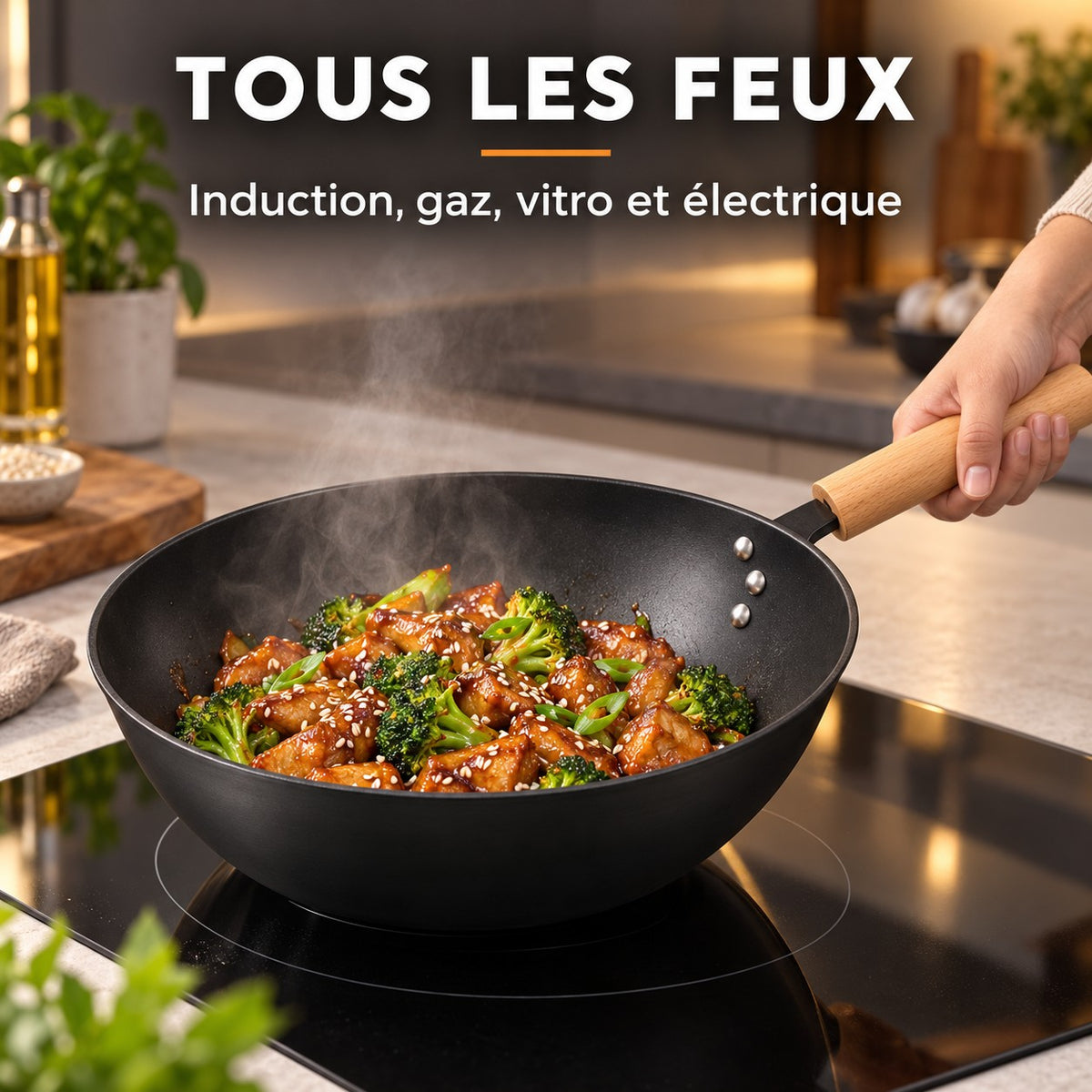 Set wok japonais 3 pièces, TOUS LES FEUX : Induction, gaz, vitro et électrique