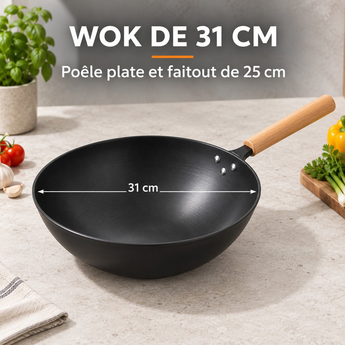 Set wok japonais 3 pièces, WOK DE 31 CM : Poêle plate et faitout de 25 cm
