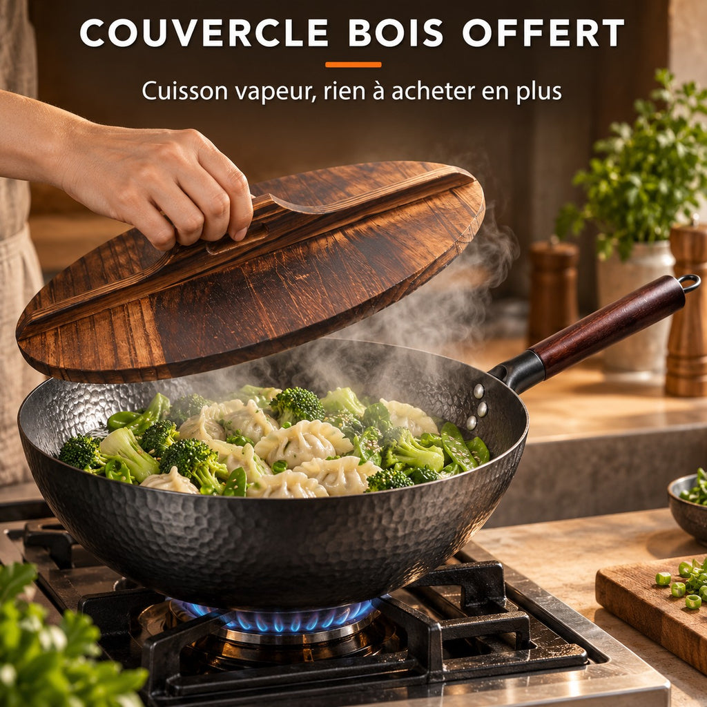 Le Shirane Wok Japonais avec son couvercle en bois offert pour la cuisson vapeur