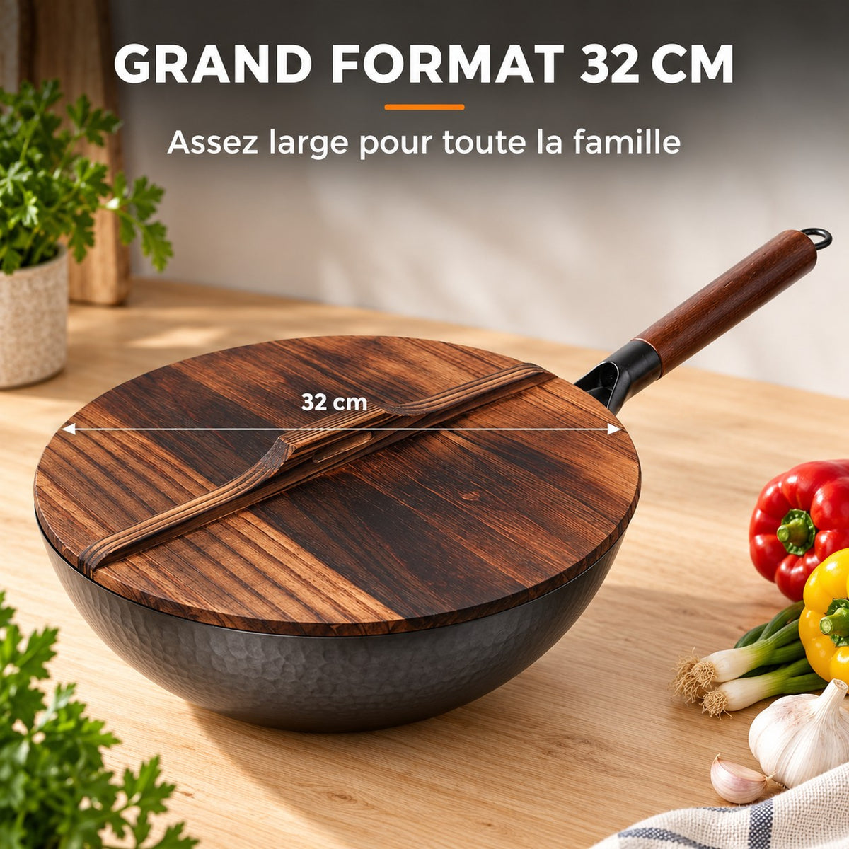Le Shirane Wok Japonais grand format 32 cm avec son couvercle en bois, assez large pour toute la famille