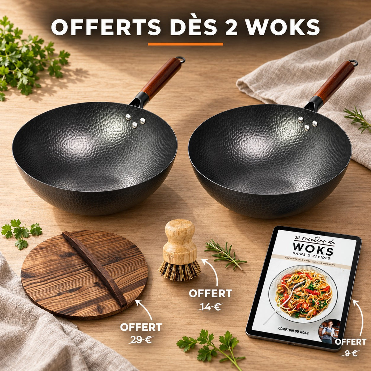 Offre 2 Shirane Wok Japonais : couvercle en bois, brosse nettoyante et guide 20 recettes offerts