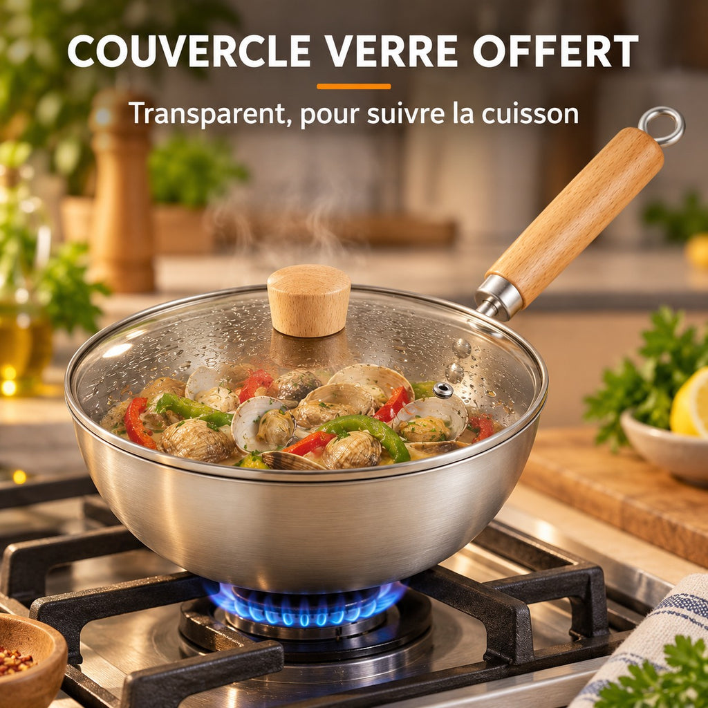 Wok 20 cm, COUVERCLE VERRE OFFERT : Transparent, pour suivre la cuisson