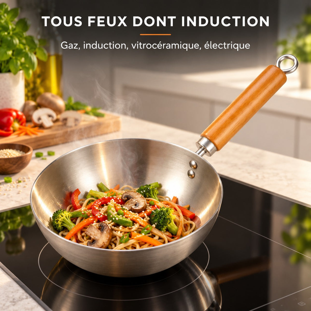 Wok 20 cm, TOUS FEUX DONT INDUCTION : Gaz, induction, vitrocéramique, électrique