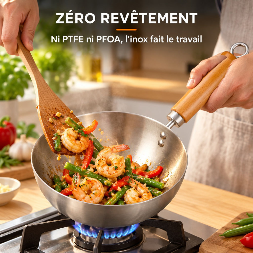 Wok 20 cm, ZÉRO REVÊTEMENT : Ni PTFE ni PFOA, l'inox fait le travail