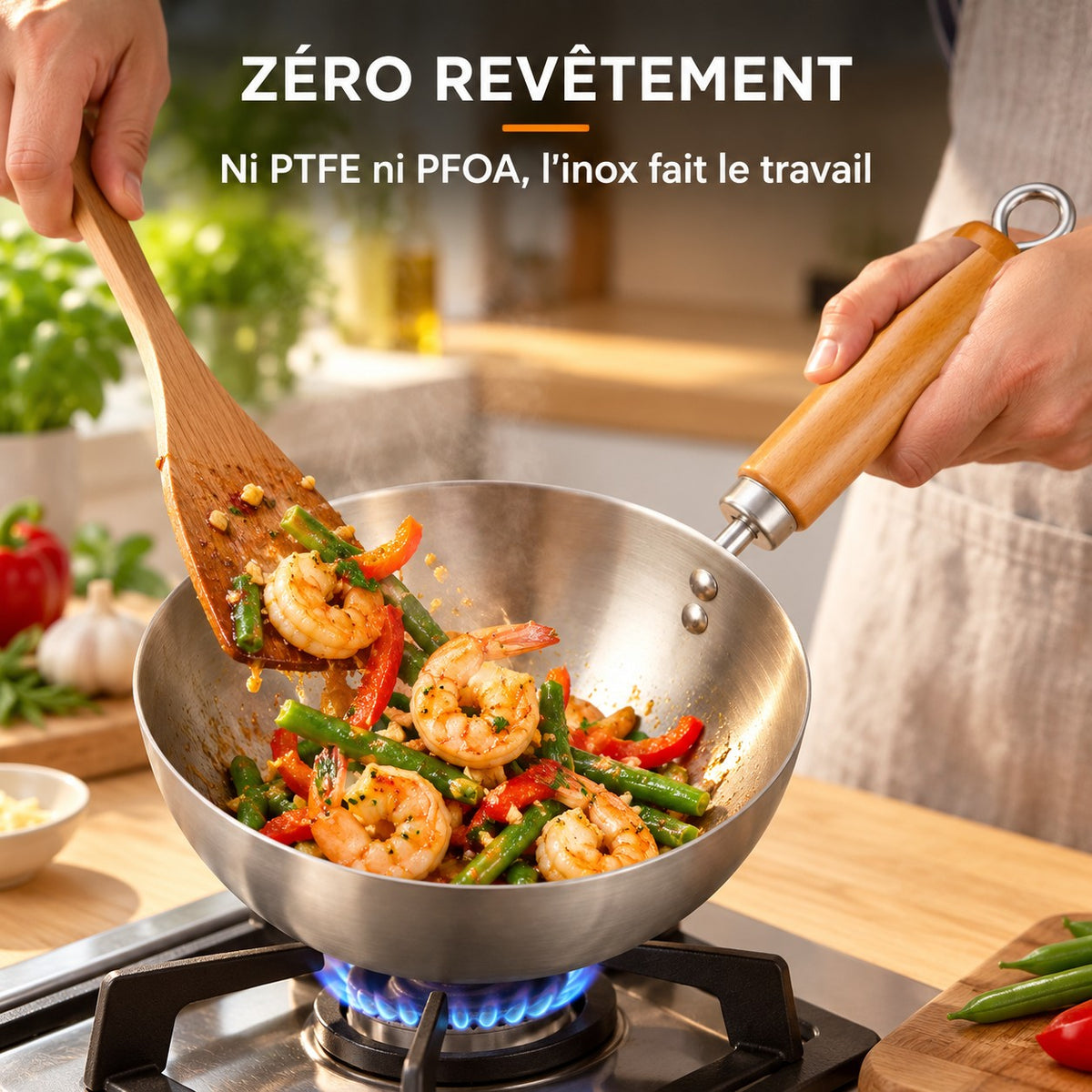 Wok 20 cm, ZÉRO REVÊTEMENT : Ni PTFE ni PFOA, l'inox fait le travail