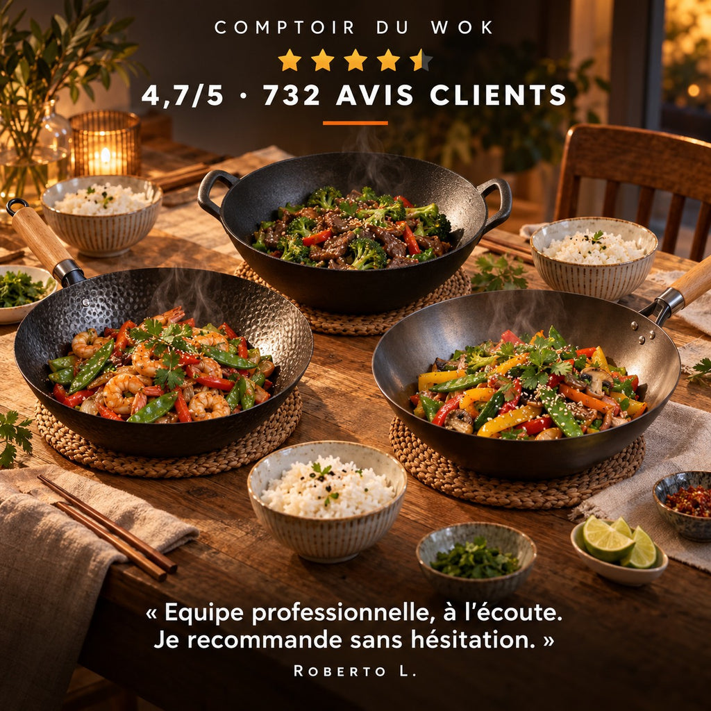 Le Shiomi Wok Métalisé, COMPTOIR DU WOK · 4,7/5 · 732 AVIS CLIENTS · « Equipe professionnelle, à l'écoute. Je recommande sans hésitation. » · Roberto L.