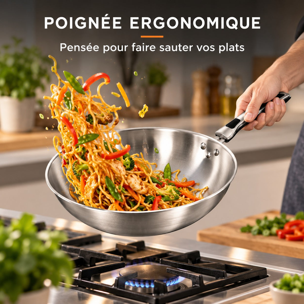 Le Shiomi Wok Métalisé, POIGNÉE ERGONOMIQUE : Pensée pour faire sauter vos plats