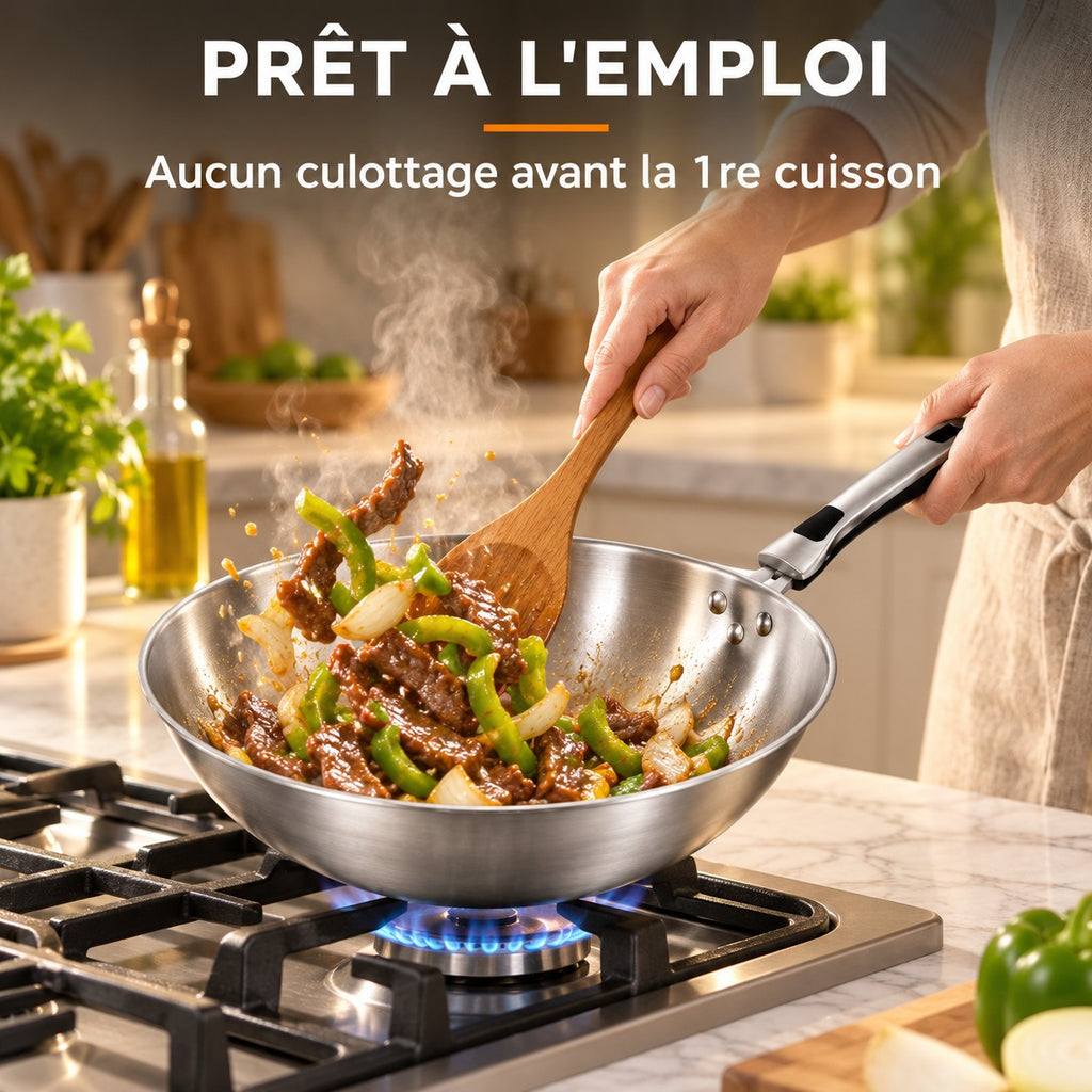 Le Shiomi Wok Métalisé, PRÊT À L'EMPLOI : Aucun culottage avant la 1re cuisson