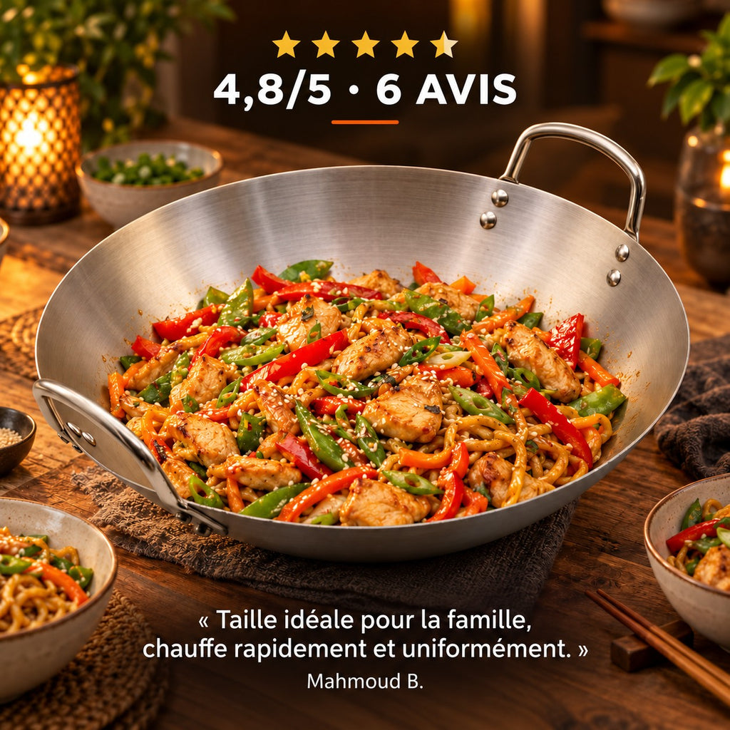 Le Tate Wok de 36 cm, 4,8/5 · 6 AVIS · « Taille idéale pour la famille, chauffe rapidement et uniformément. » · Mahmoud B.